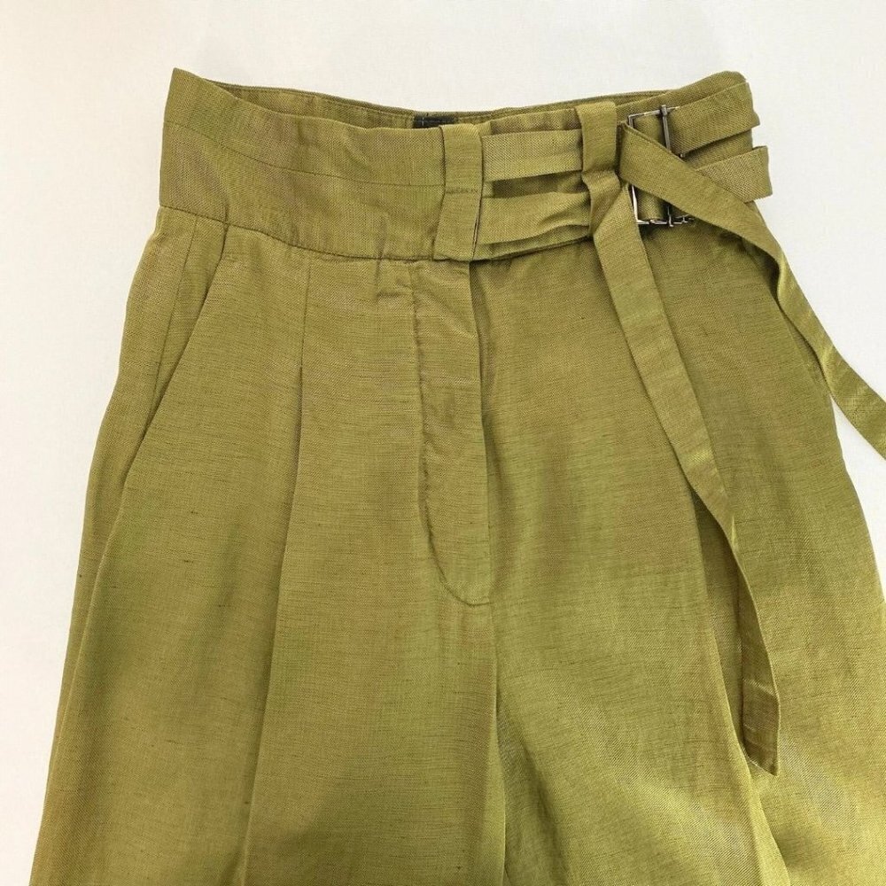 SANDRO OLIVE GREEN LINEN BLEND HIGH RISE STRAIGHT LEG PLEATED TROUSER - 0 - Picture 5 of 10